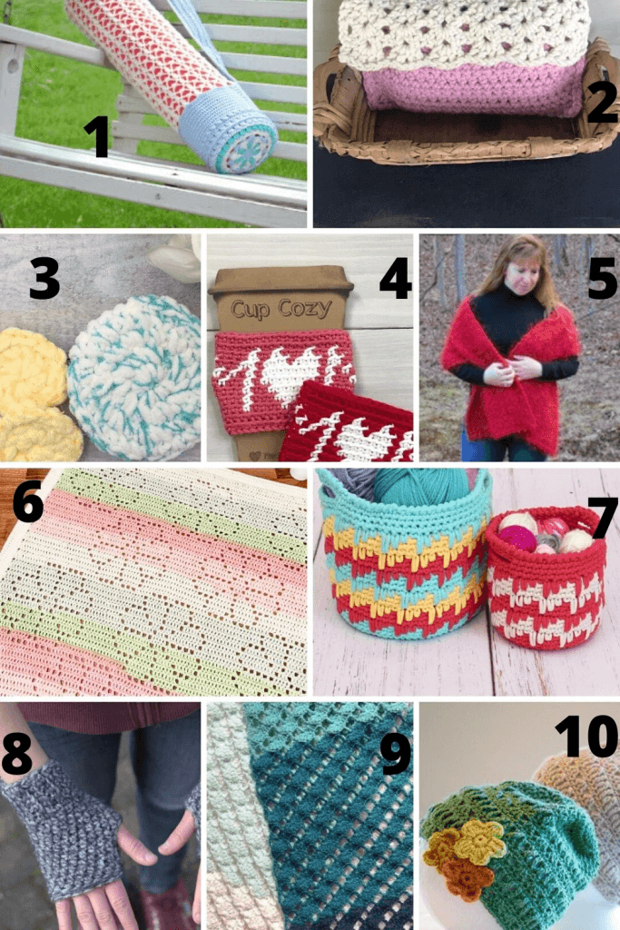 Crochet patterns to make . Pamper yourself with these beautiful crochet scarfs, Yoga bag, Cup cozy, Face scrubbier and Pouch.