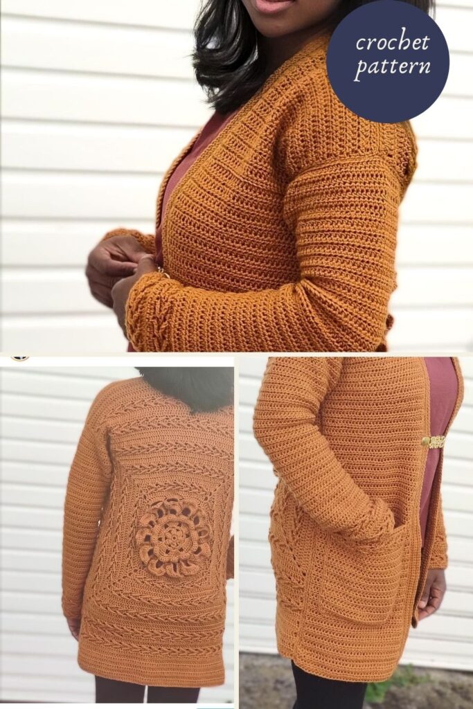 Crochet cardigan using the modern granny square technique. 