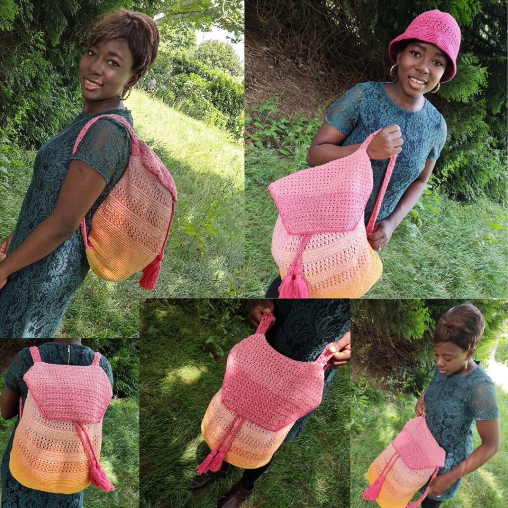 Crochet backpack with bucket hat