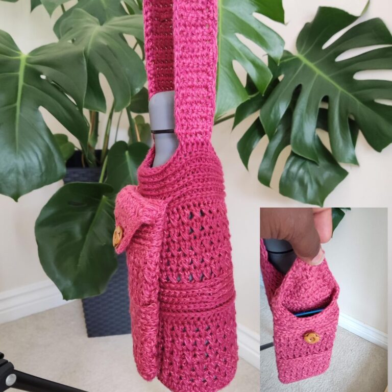 Roo crochet water bottle holder with phone pouch