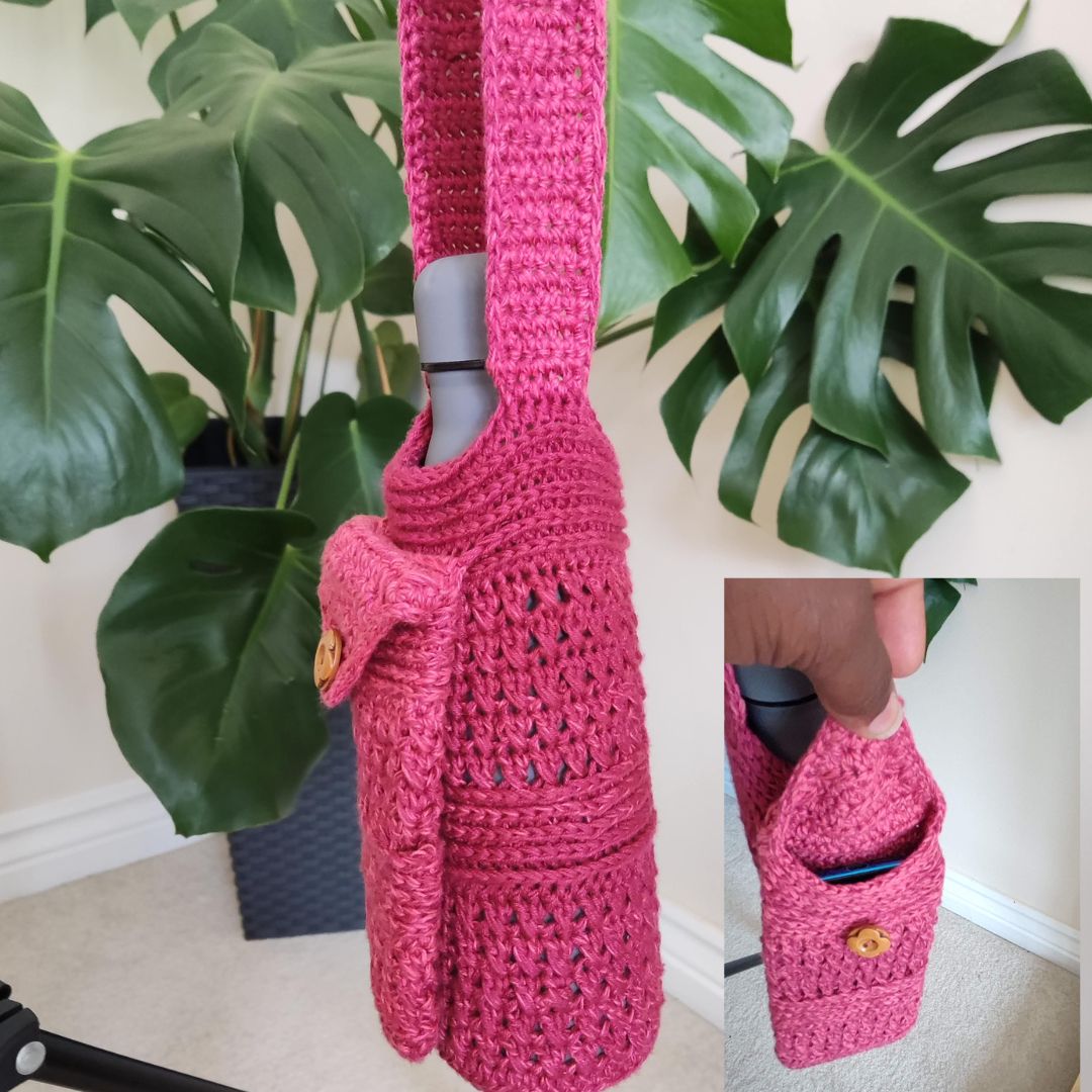 crochet water bottle holder with phone pouch
