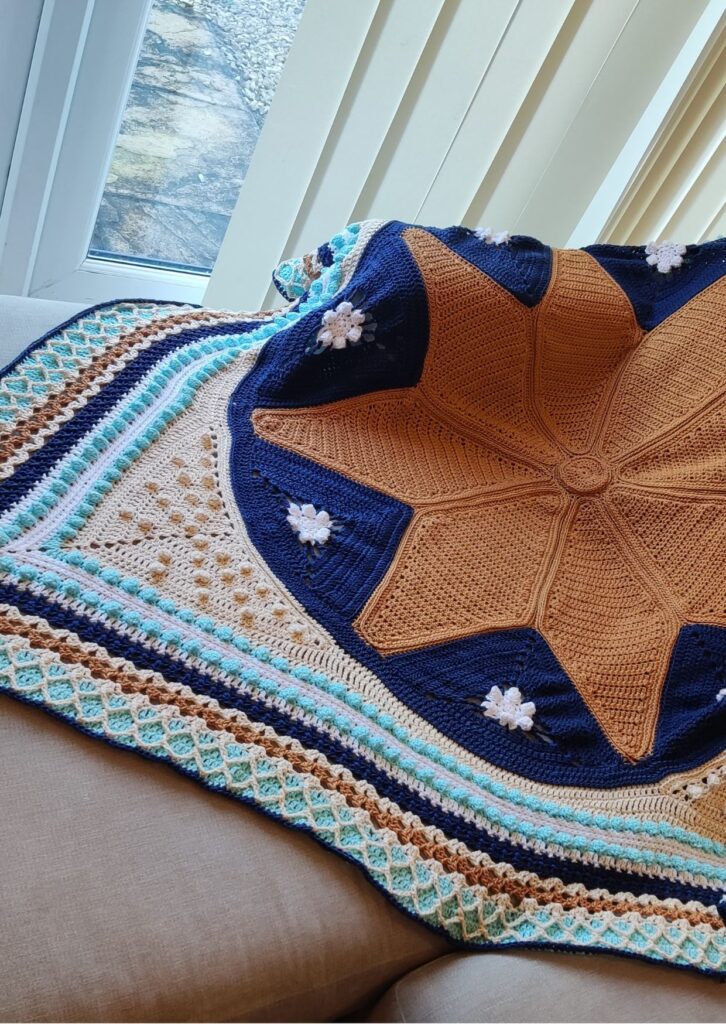 Crochet Blanket Afghan Throw Blue & White Stripes Wool 36" x  54" Good Condition
