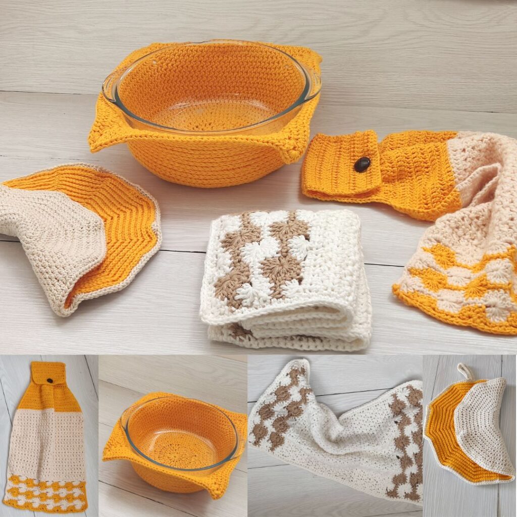 Easy crochet dish towel, pot holder, soup bowl cozy and hand towel free patterns