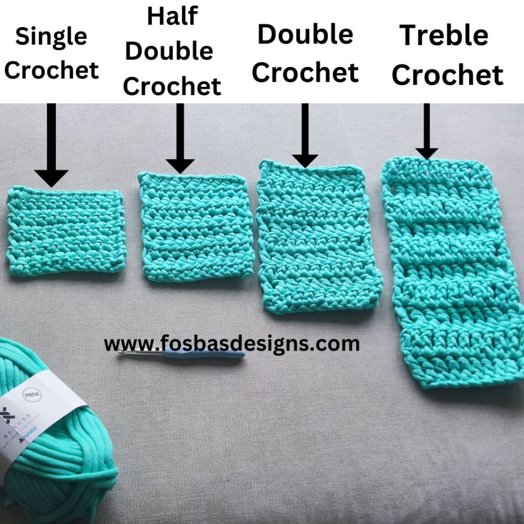 Basic crochet stitches - Single crochet, Half double crochet, double crochet and treble crochet
