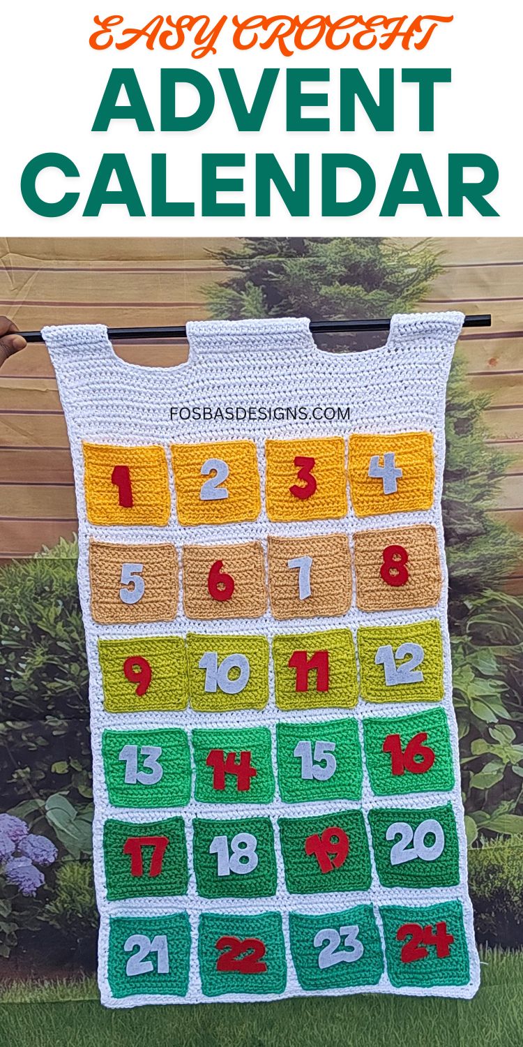 Create a handmade Christmas countdown with this easy crochet advent calendar pattern. Each pocket is designed to hold mini treats or notes, making it a fun and reusable decoration for the holiday season. This beginner-friendly project includes simple squares, bold numbers, and festive colours that work beautifully together. Perfect for gifting or enhancing your own home décor.